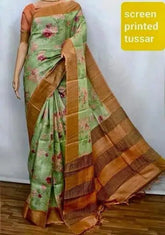Light Green Silk Tussar Saree with Zari Border for Casual Wear - Saree - Aakritee - S10434